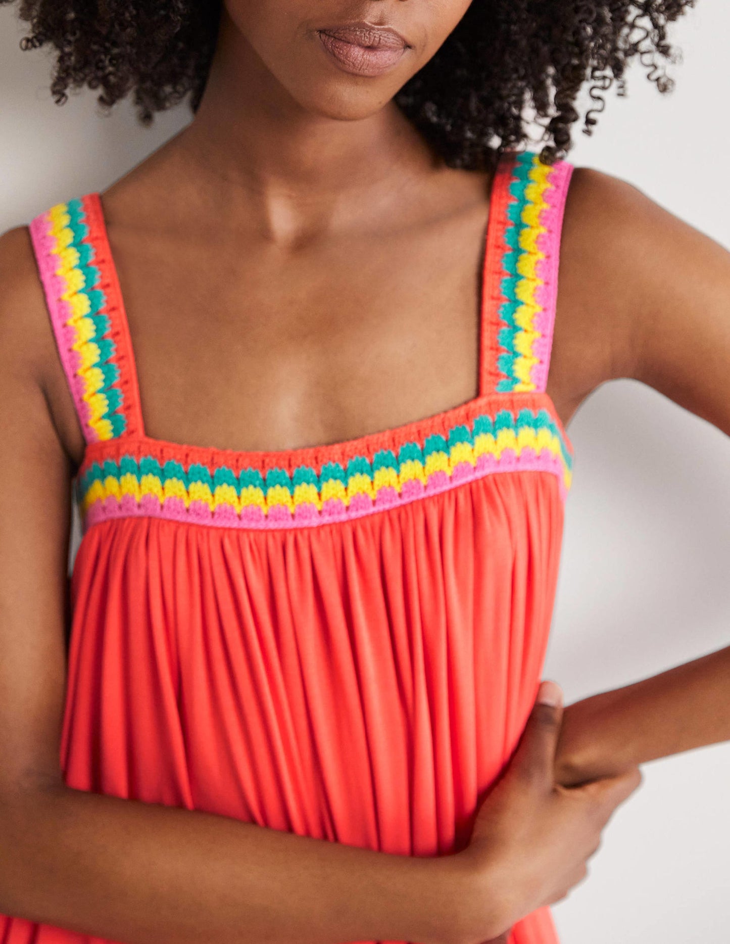 Crochet Trim Jersey Maxi Dress-Hot Coral