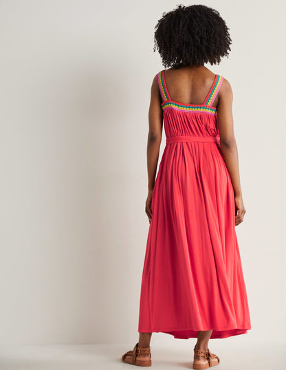 Crochet Trim Jersey Maxi Dress-Hot Coral-3
