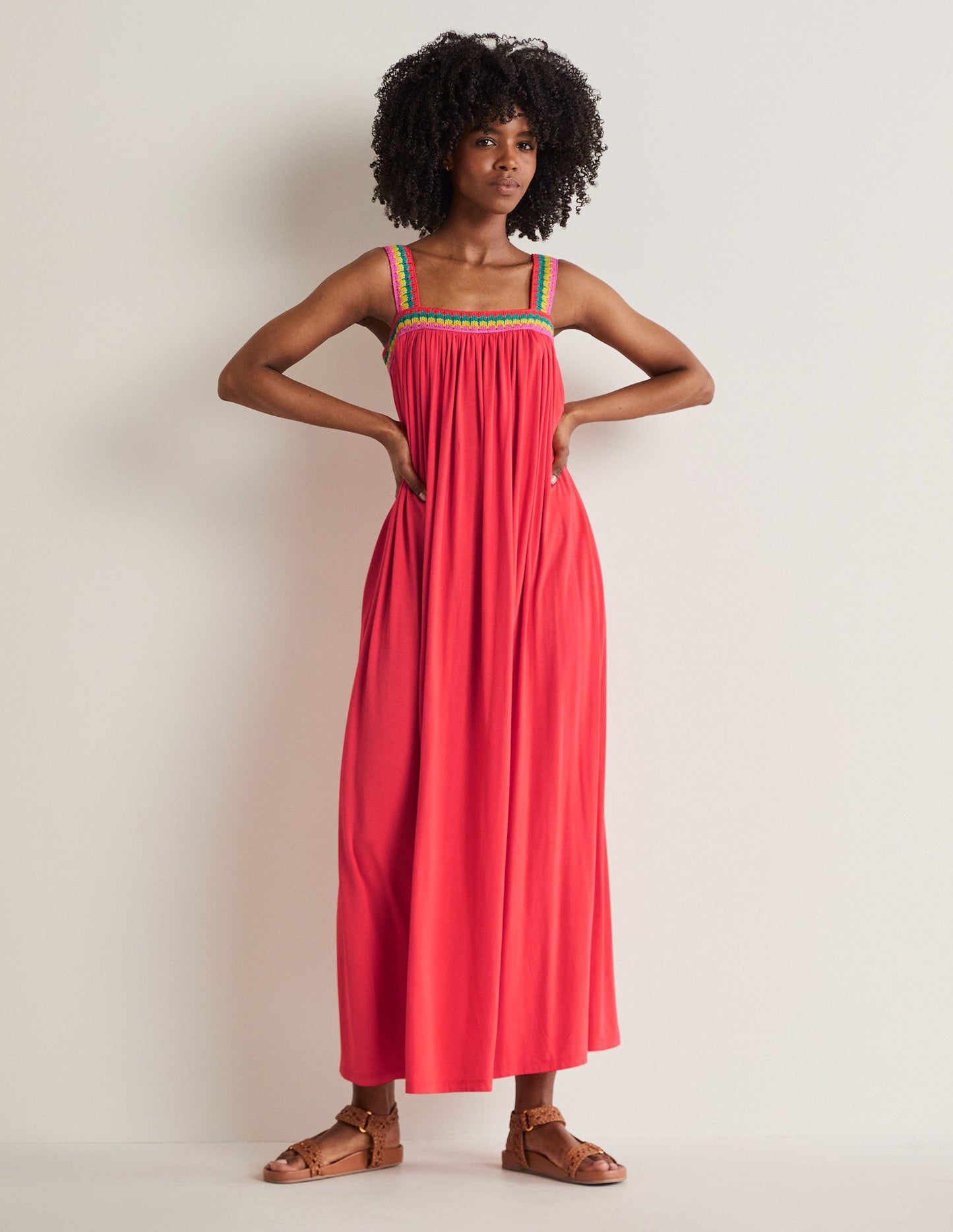 Crochet Trim Jersey Maxi Dress-Hot Coral