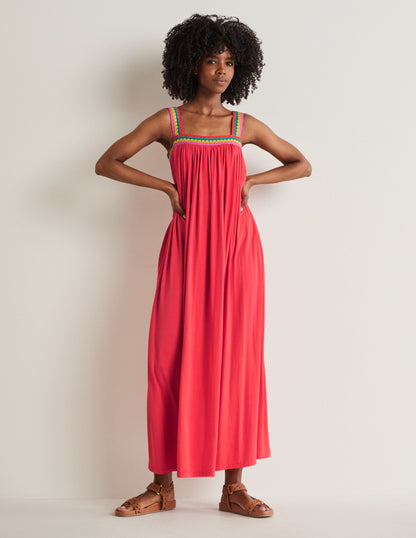 Crochet Trim Jersey Maxi Dress-Hot Coral-4