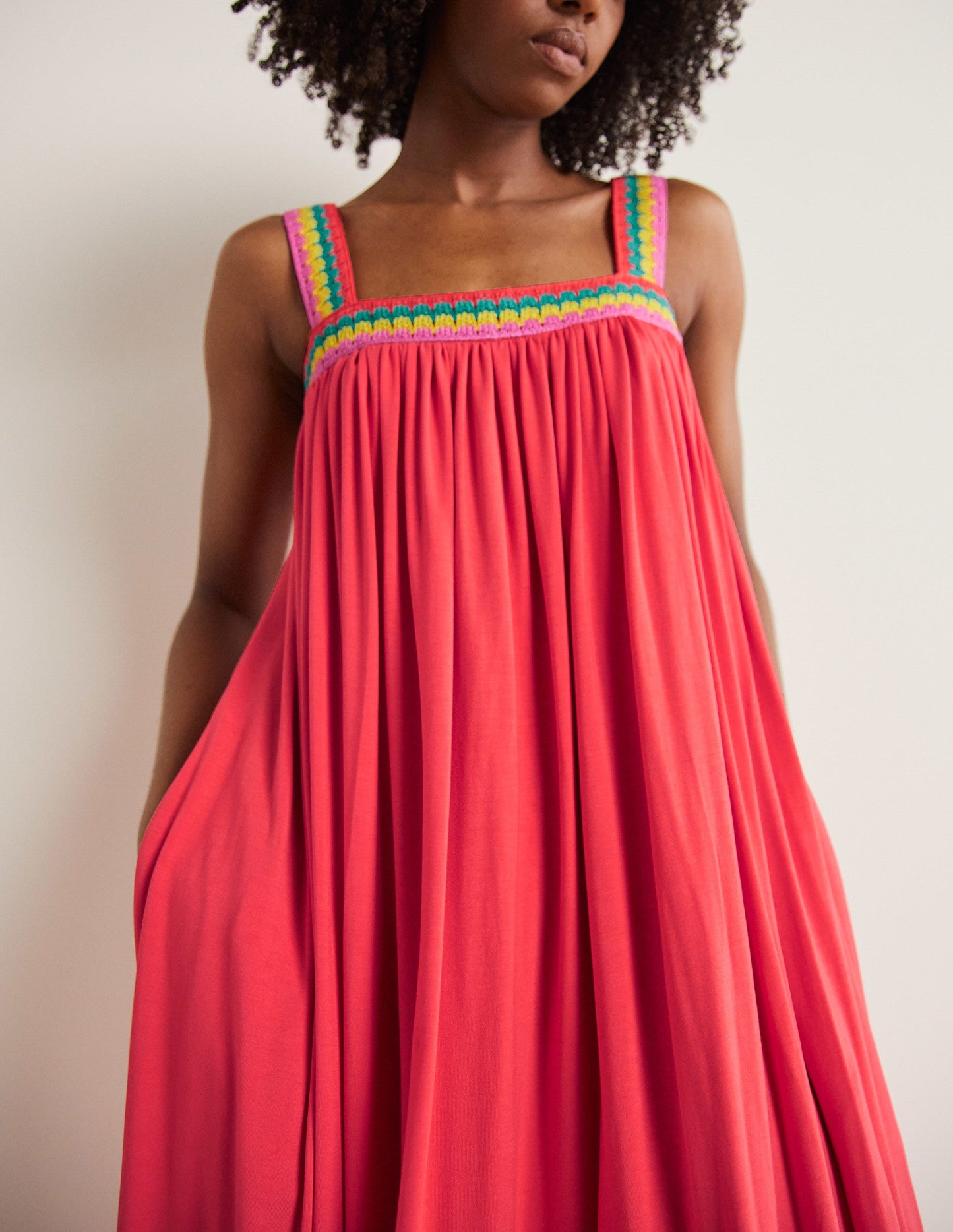 Crochet Trim Jersey Maxi Dress-Hot Coral