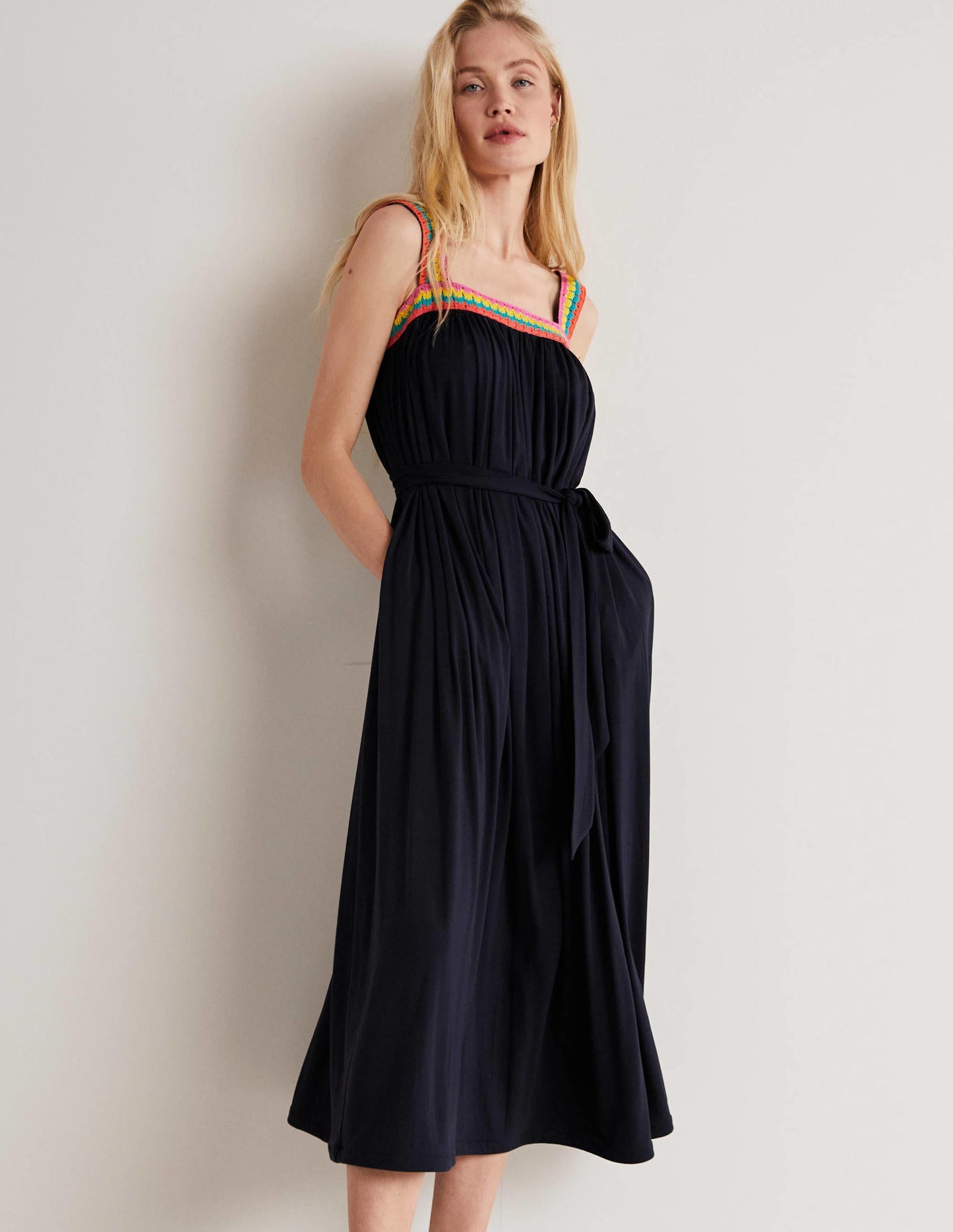 Crochet Trim Jersey Maxi Dress-Navy