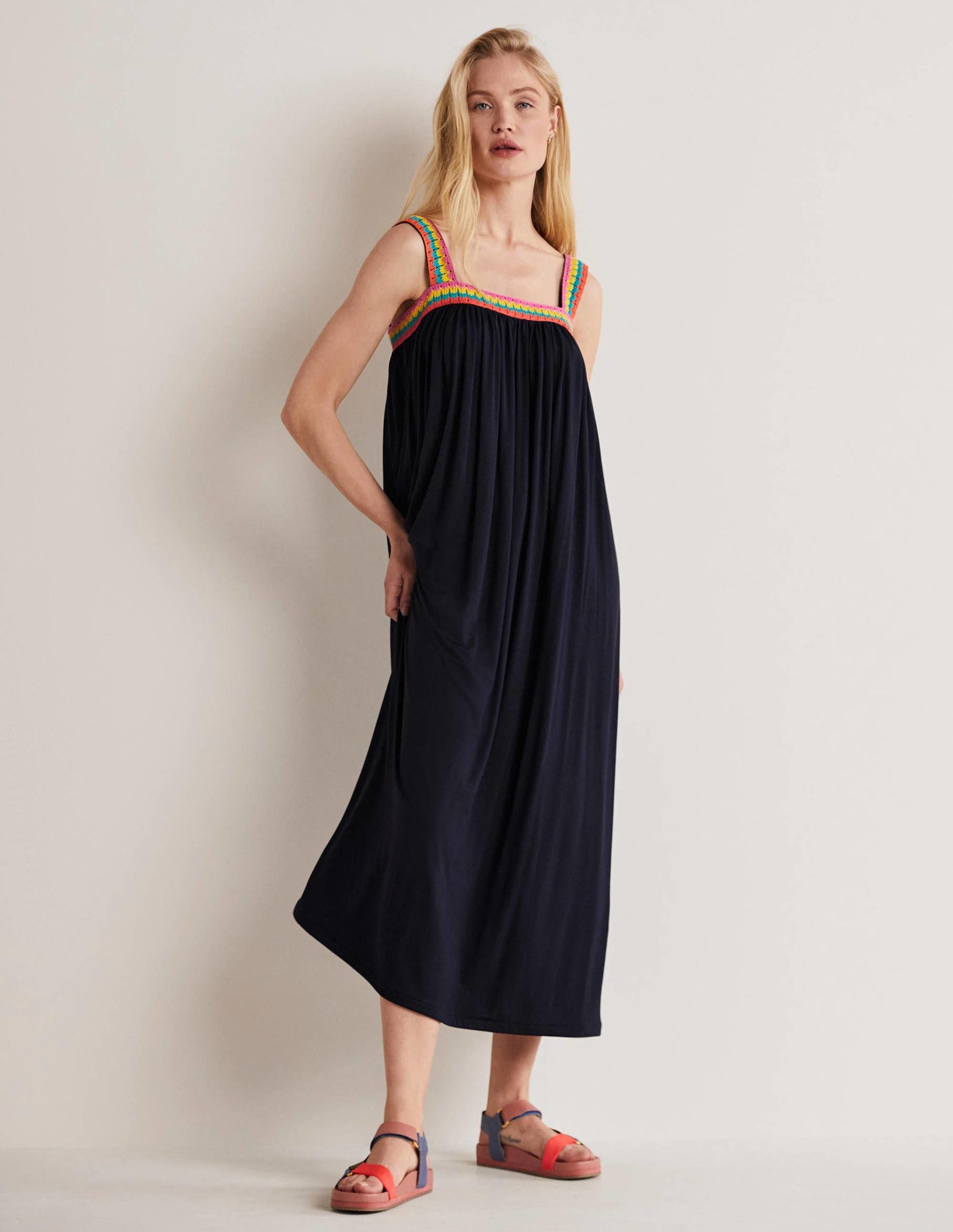 Crochet Trim Jersey Maxi Dress-Navy
