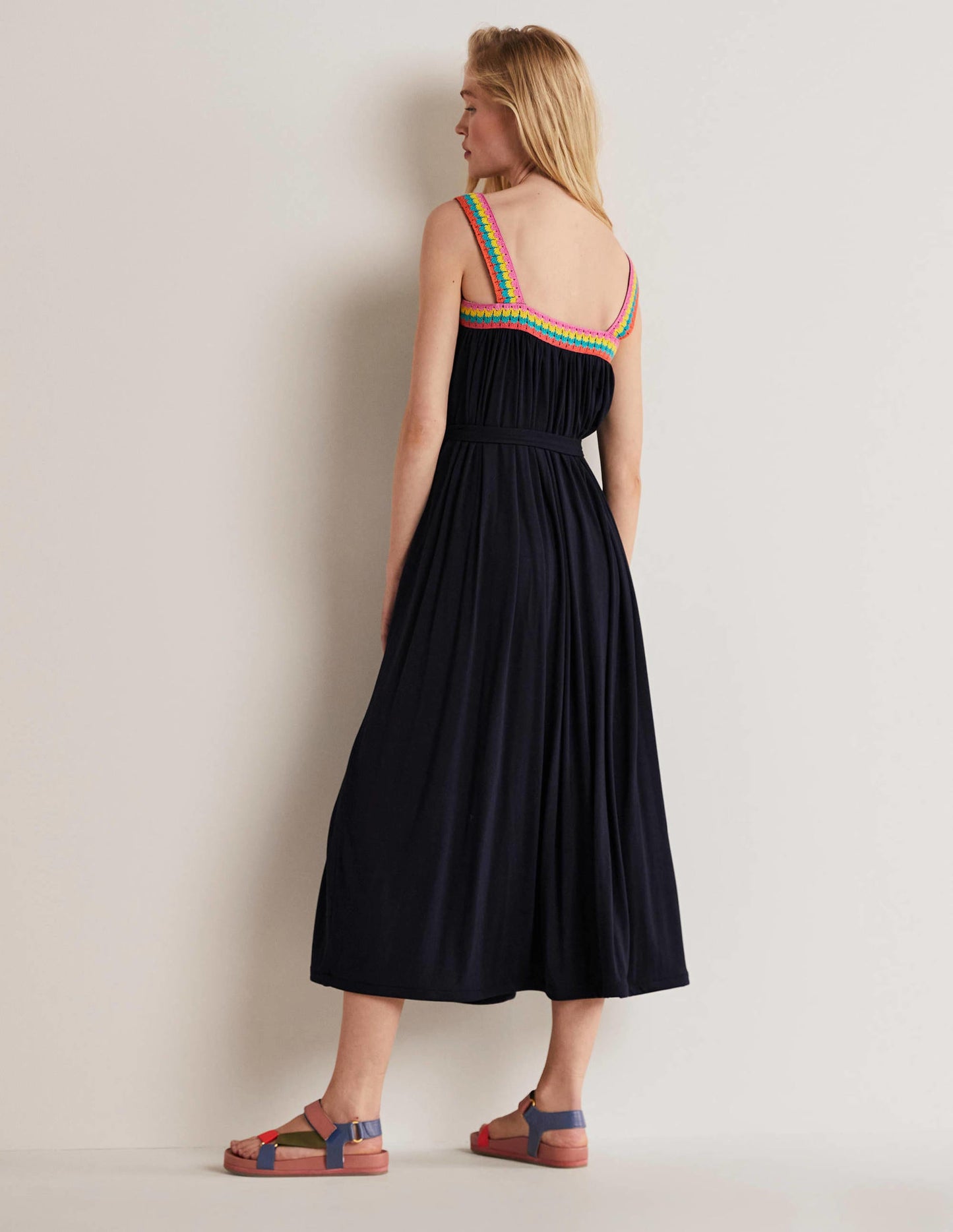 Crochet Trim Jersey Maxi Dress-Navy