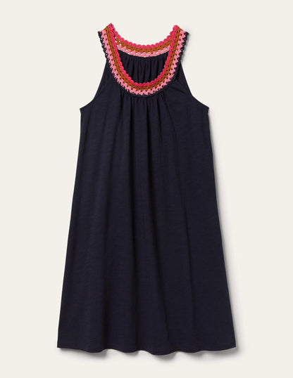 Crochet Detail Jersey Dress-Navy-6