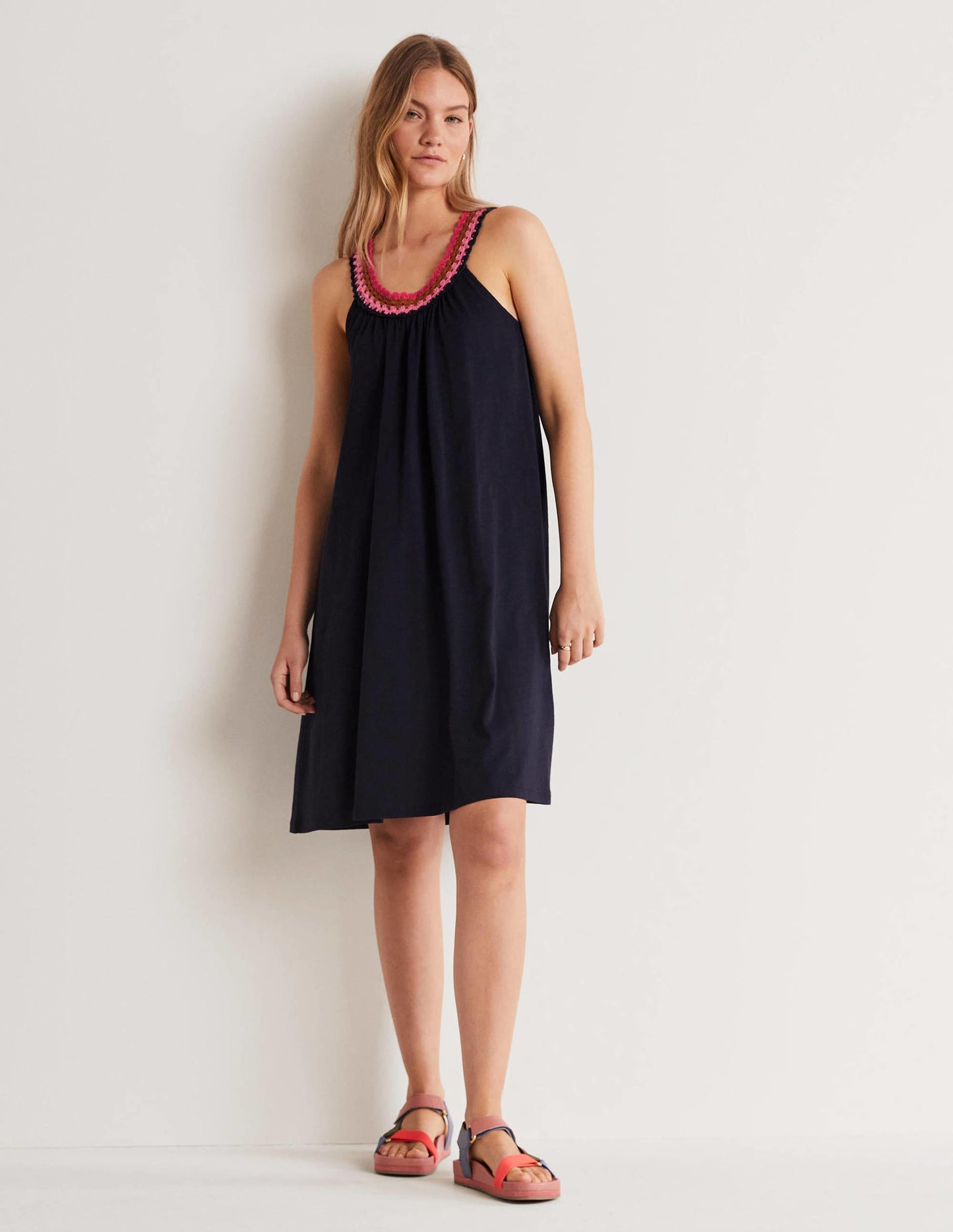 Crochet Detail Jersey Dress-Navy