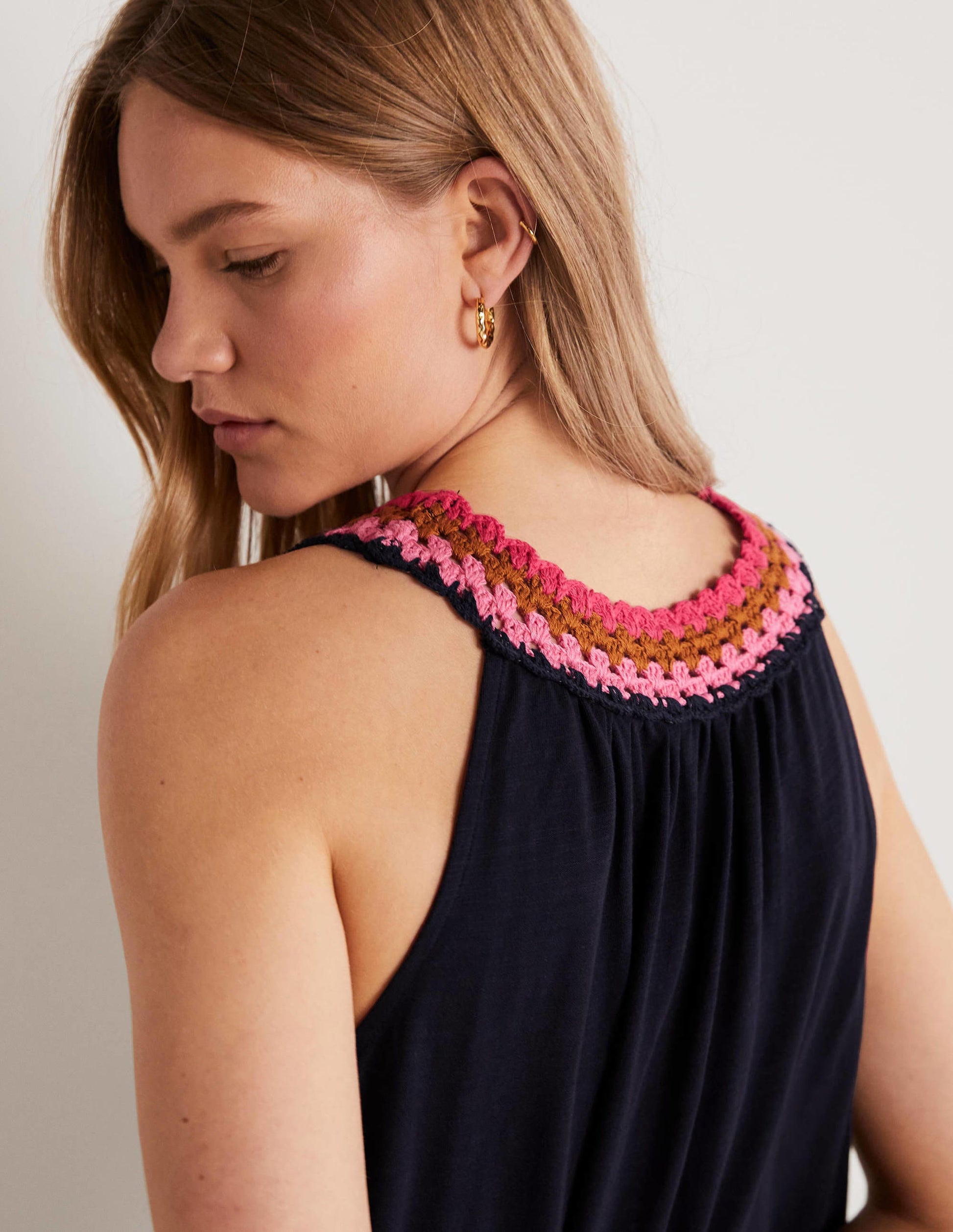 Crochet Detail Jersey Dress-Navy-2