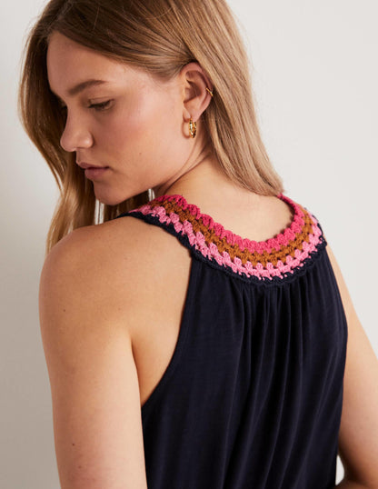 Crochet Detail Jersey Dress-Navy-2