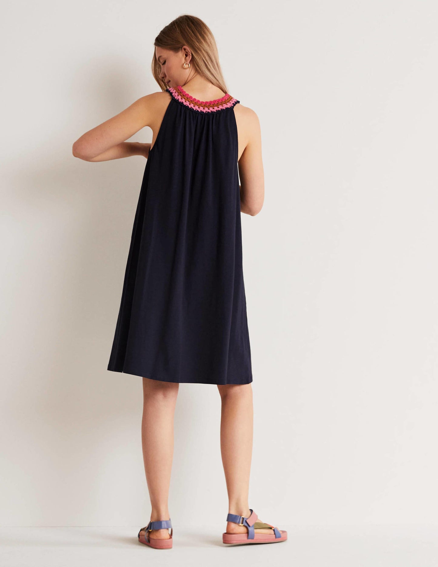 Crochet Detail Jersey Dress-Navy
