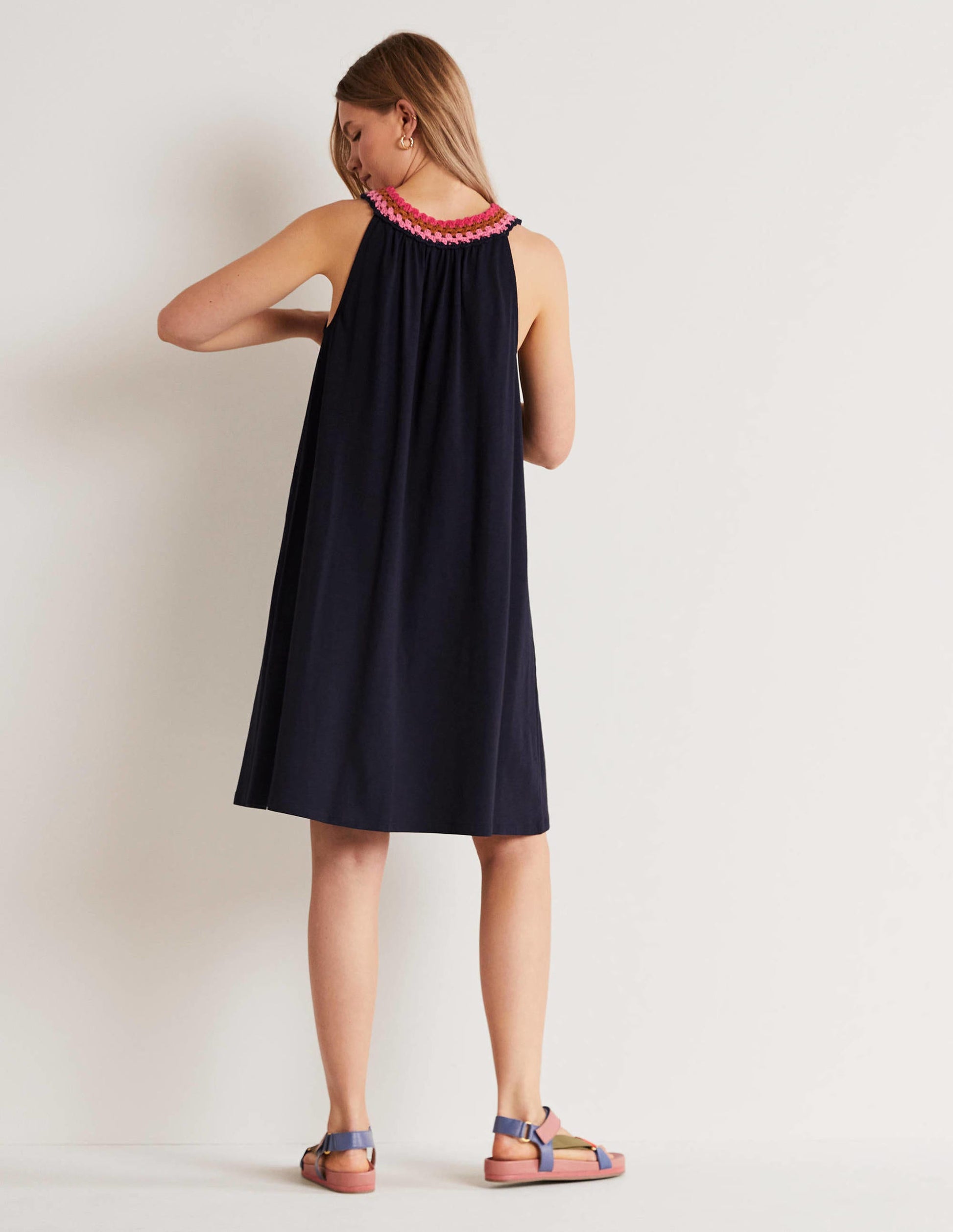 Crochet Detail Jersey Dress-Navy-3