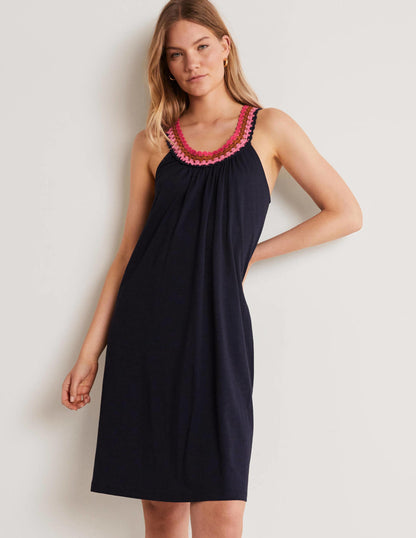 Crochet Detail Jersey Dress-Navy-4