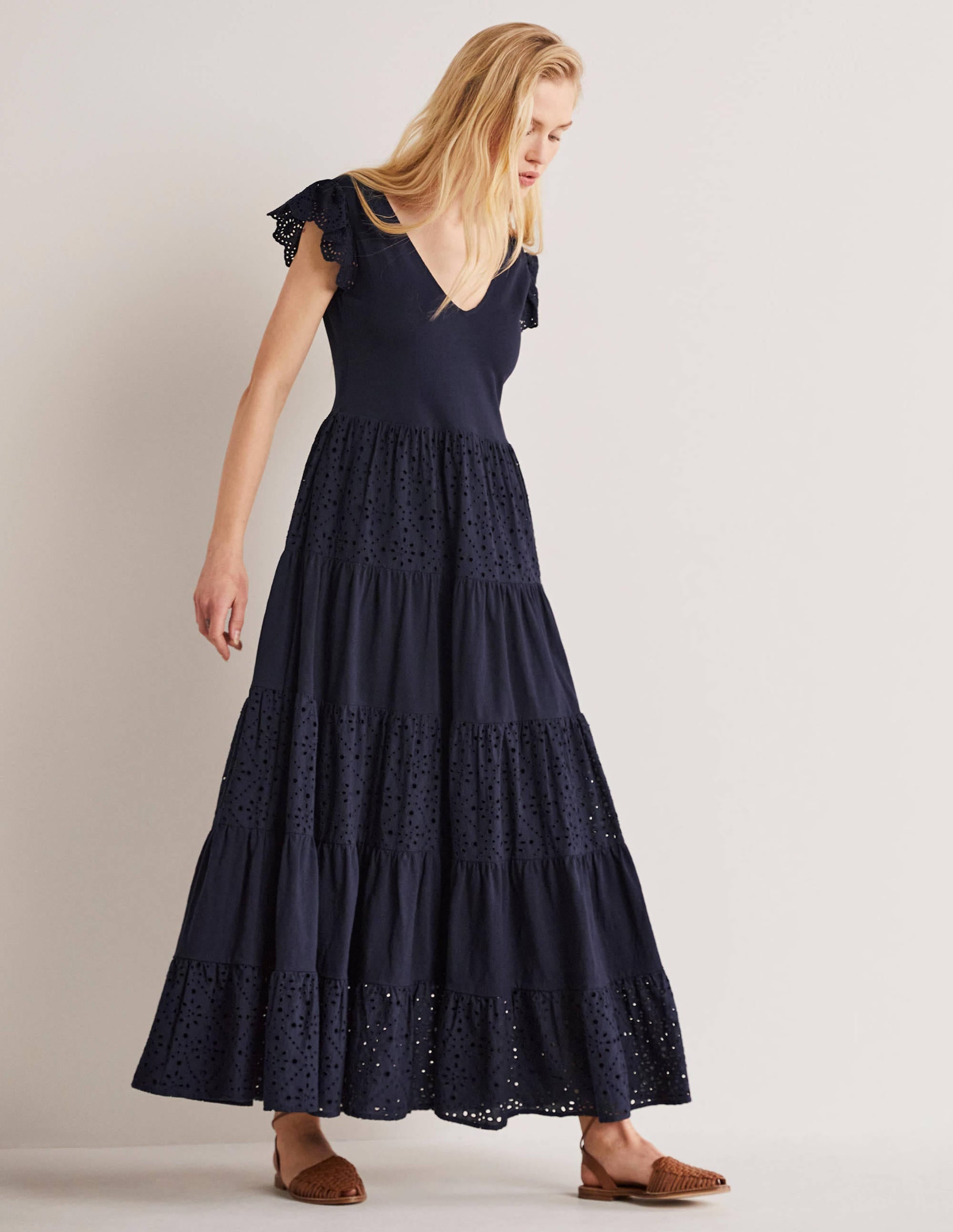 Broderie Mix Jersey Maxi Dress-Navy - Image 2