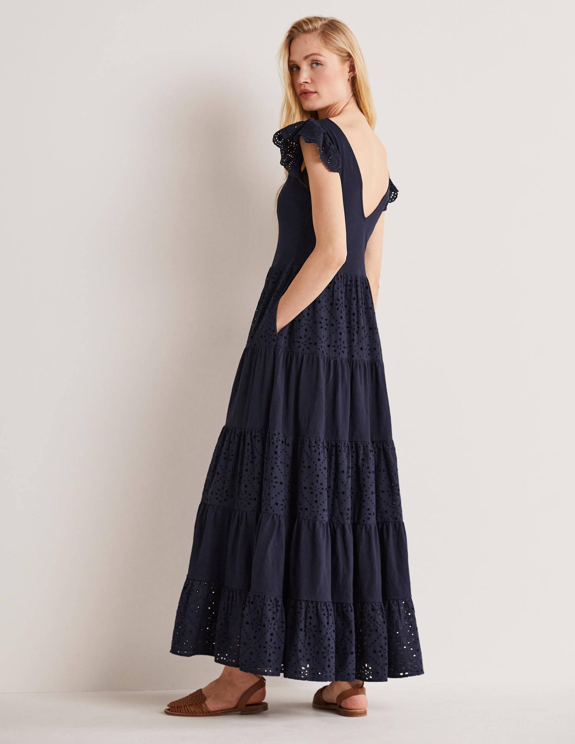 Broderie Mix Jersey Maxi Dress-Navy - Image 4