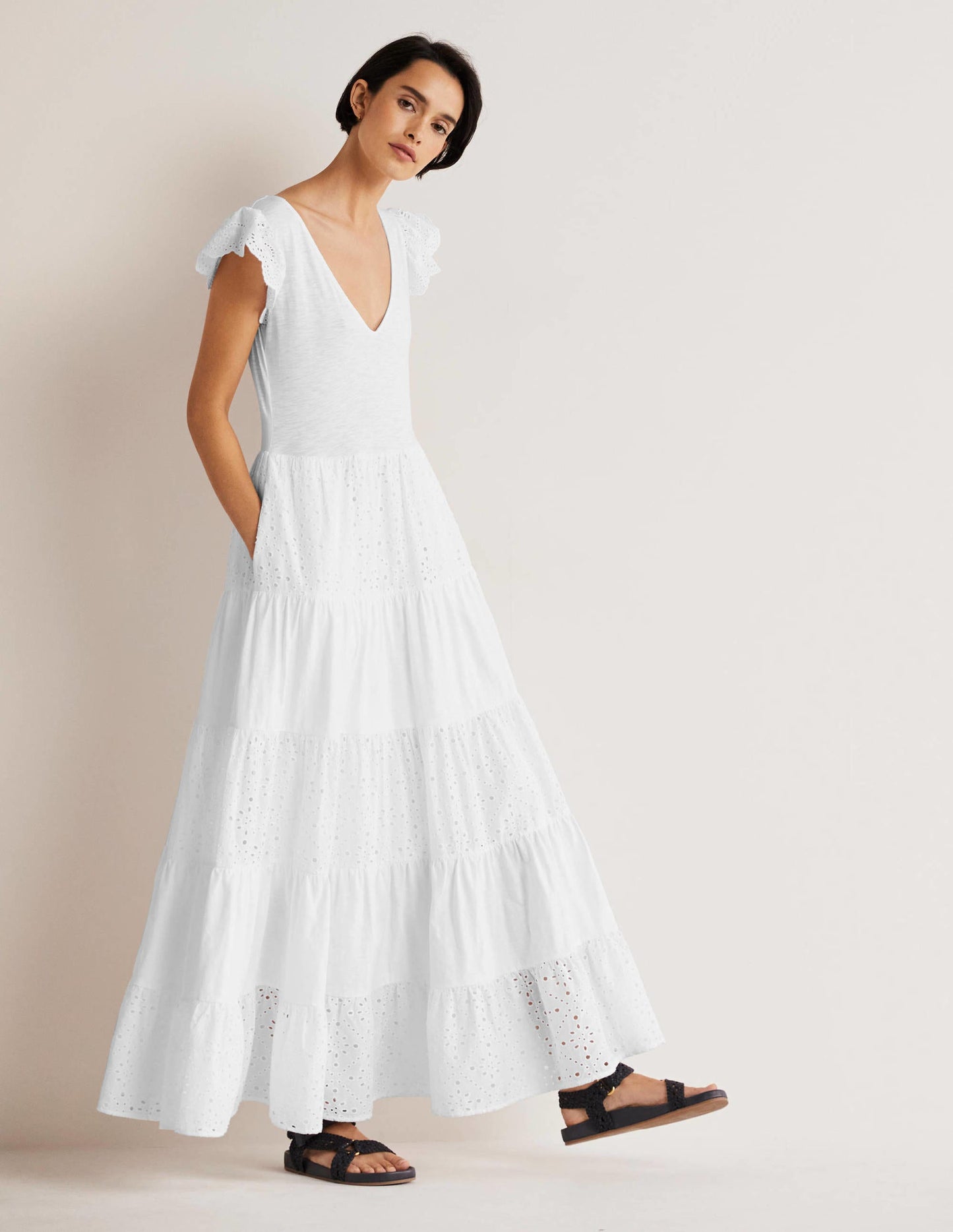 Broderie Mix Jersey Maxi Dress-White
