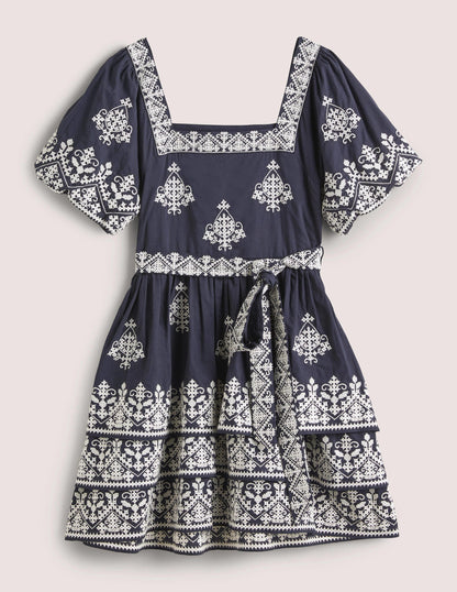 Square Neck Rara Dress-Navy, Ivory Embroidery-9