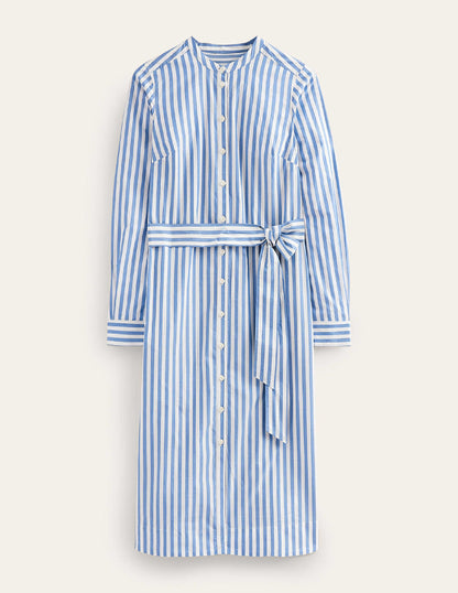 Cotton Belted Shirt Dress-Sapphire and Ivory Stripe-5