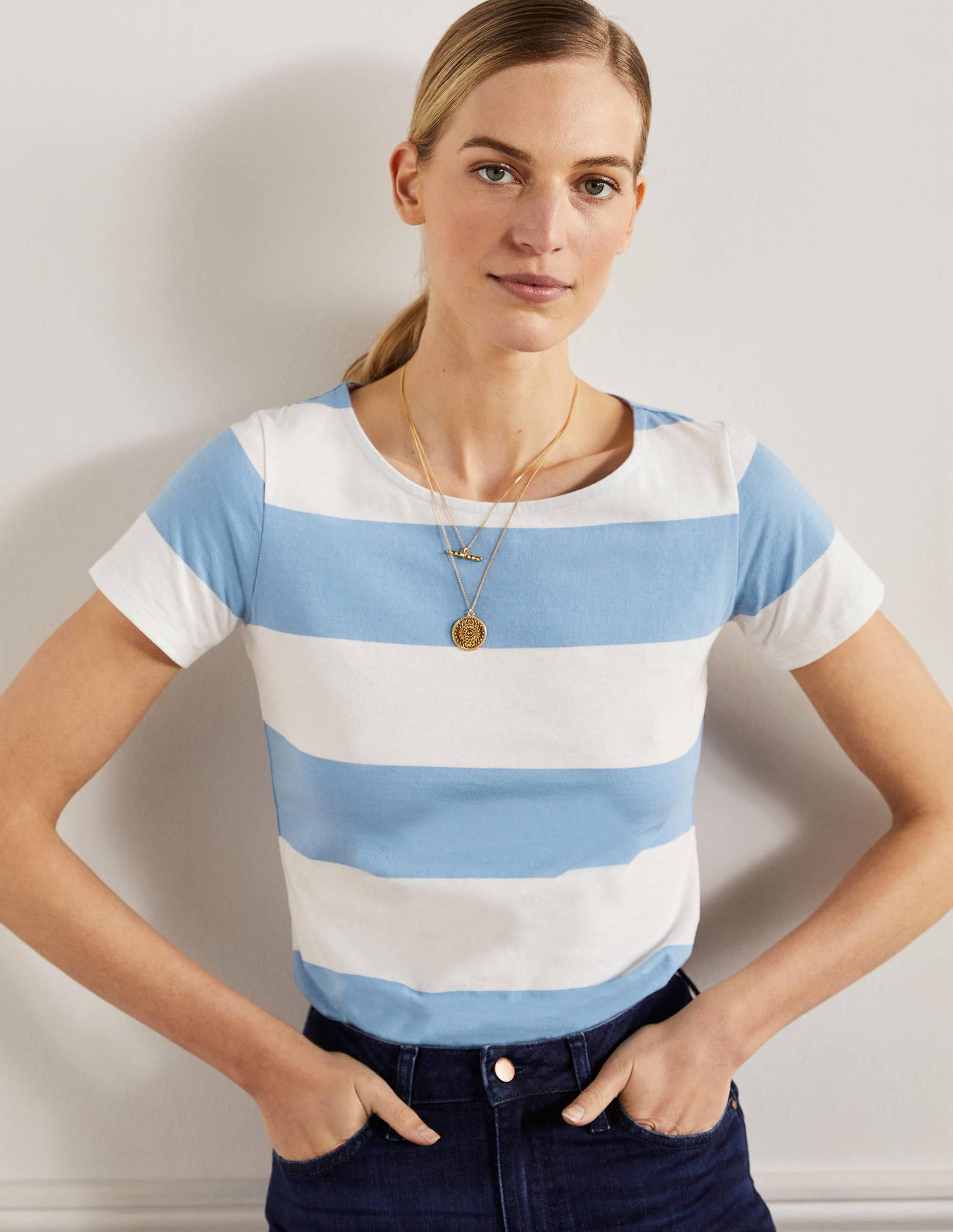 Short Sleeve Breton T-Shirt-Dusty Blue / Ivory Stripe-4