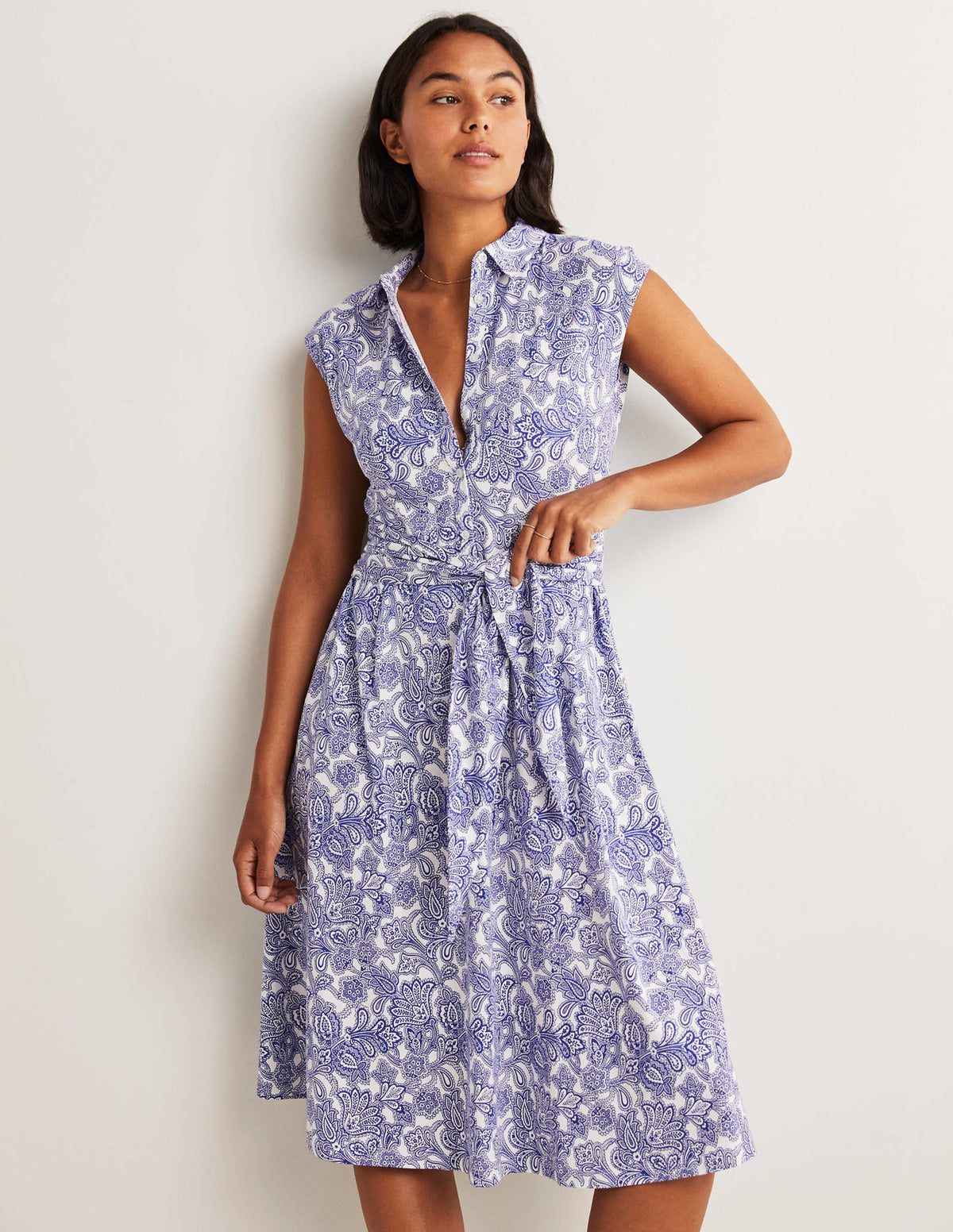 Tie Waist Jersey Shirt Dress-Atlantic Ocean, Paisley Bud - Image 1