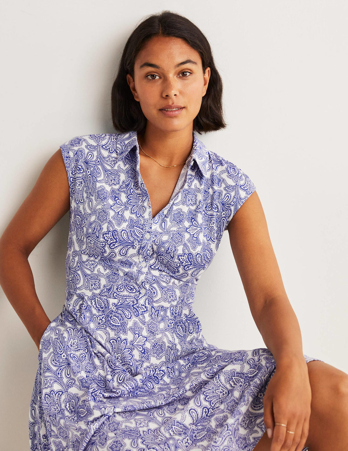 Tie Waist Jersey Shirt Dress-Atlantic Ocean, Paisley Bud-4