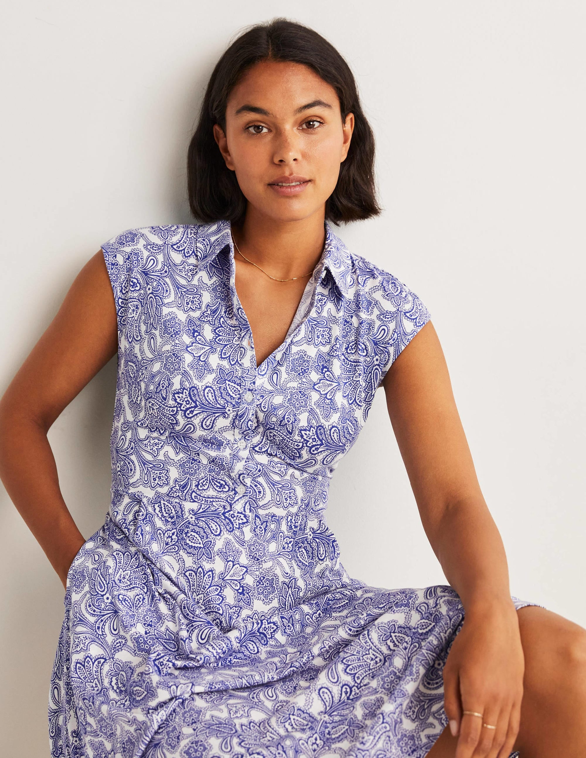 Tie Waist Jersey Shirt Dress-Atlantic Ocean, Paisley Bud - Image 4