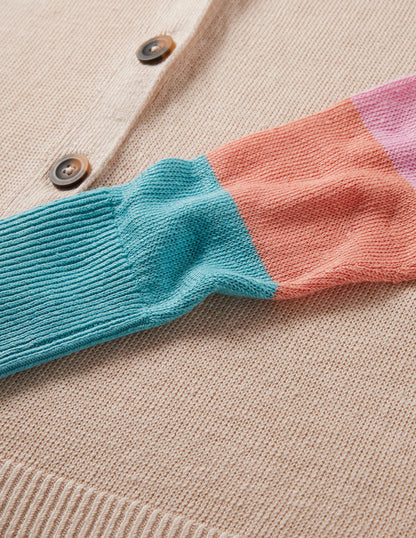 Colourblock Linen Cardigan-Chalky Coral Bon Bon-6