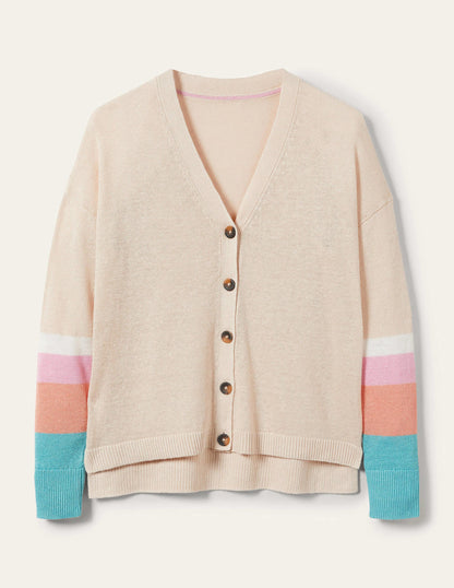 Colourblock Linen Cardigan-Chalky Coral Bon Bon-7