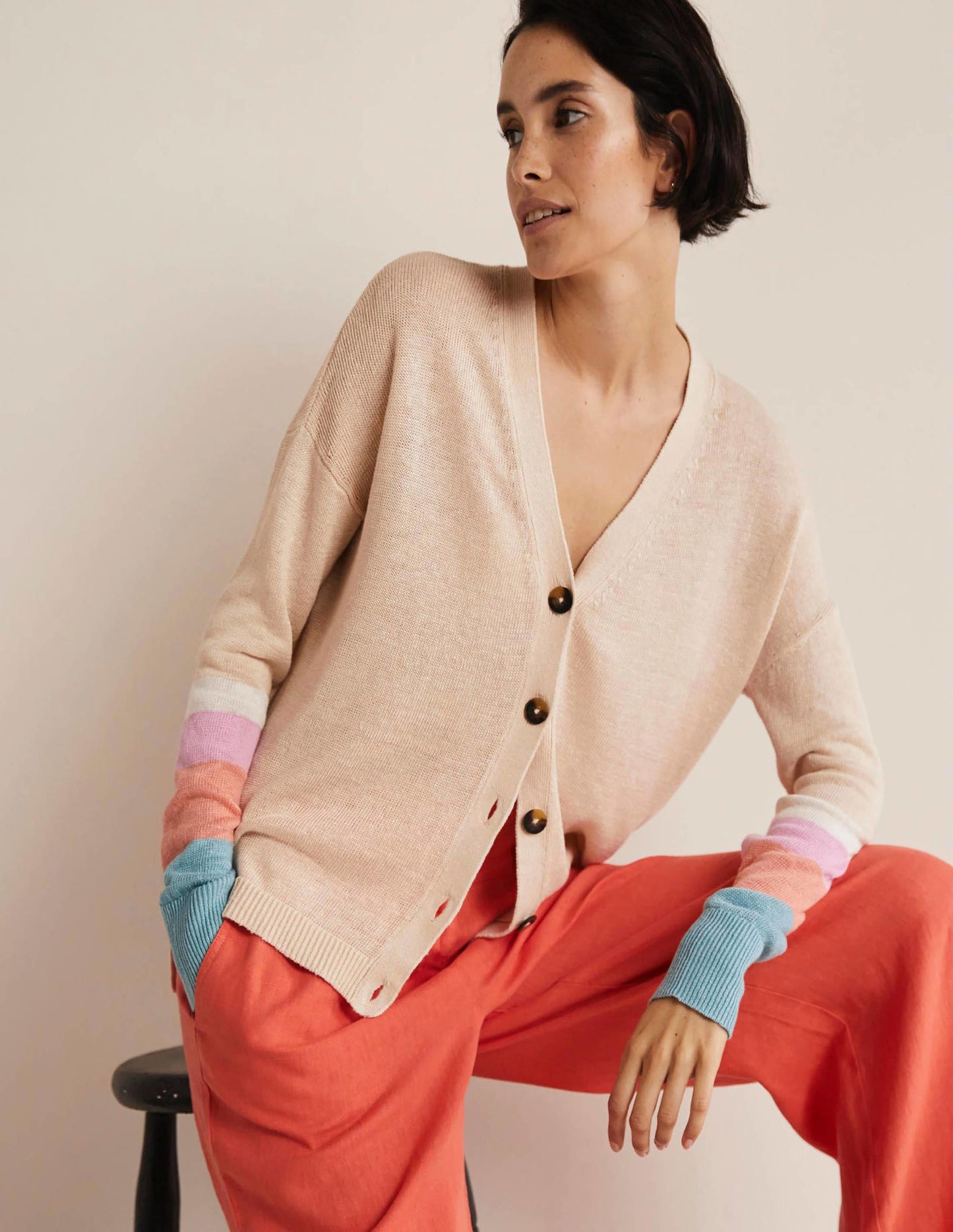 Colourblock Linen Cardigan-Chalky Coral Bon Bon