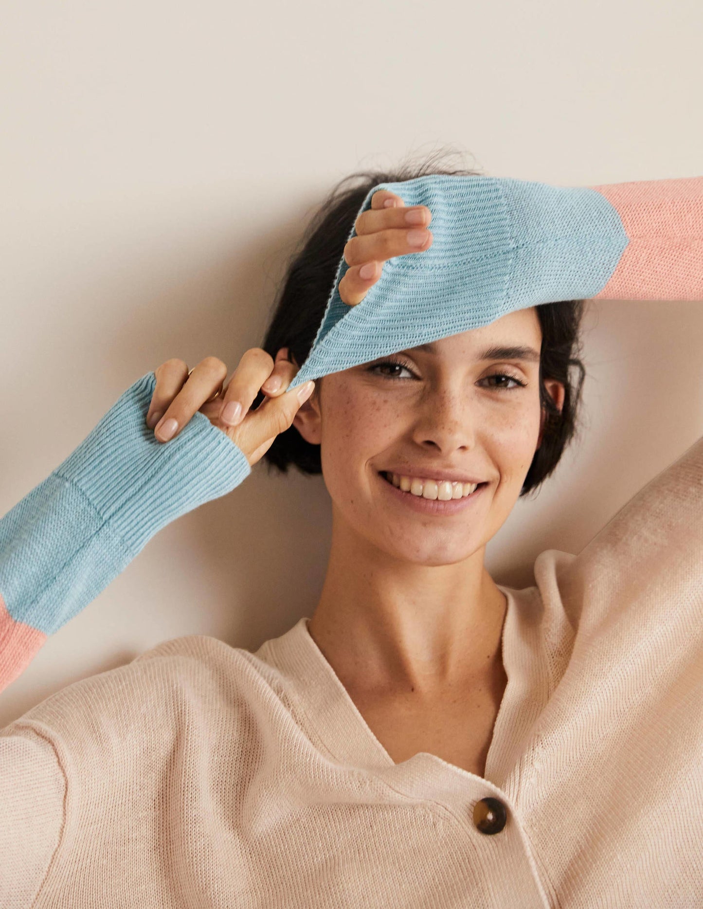 Colourblock Linen Cardigan-Chalky Coral Bon Bon