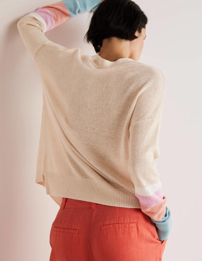 Colourblock Linen Cardigan-Chalky Coral Bon Bon-3