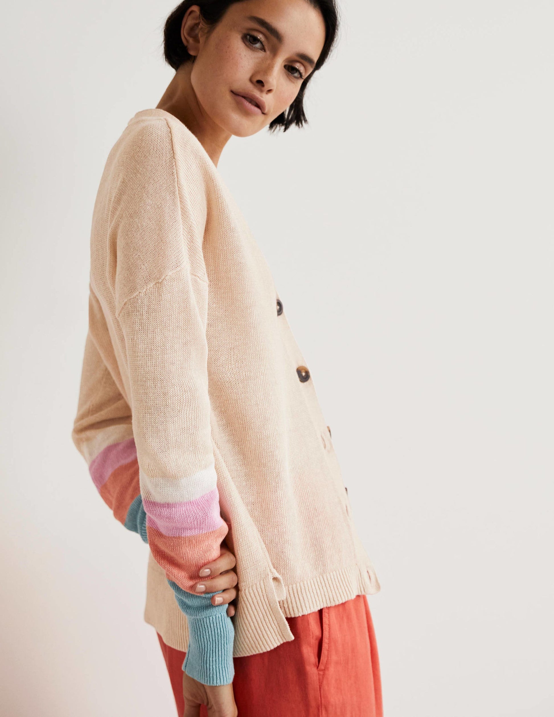 Colourblock Linen Cardigan-Chalky Coral Bon Bon-4