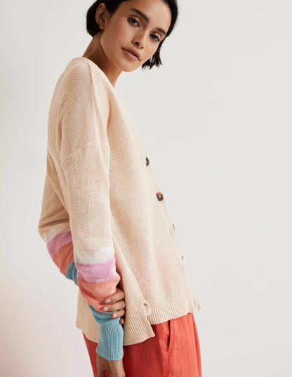 Colourblock Linen Cardigan-Chalky Coral Bon Bon-4