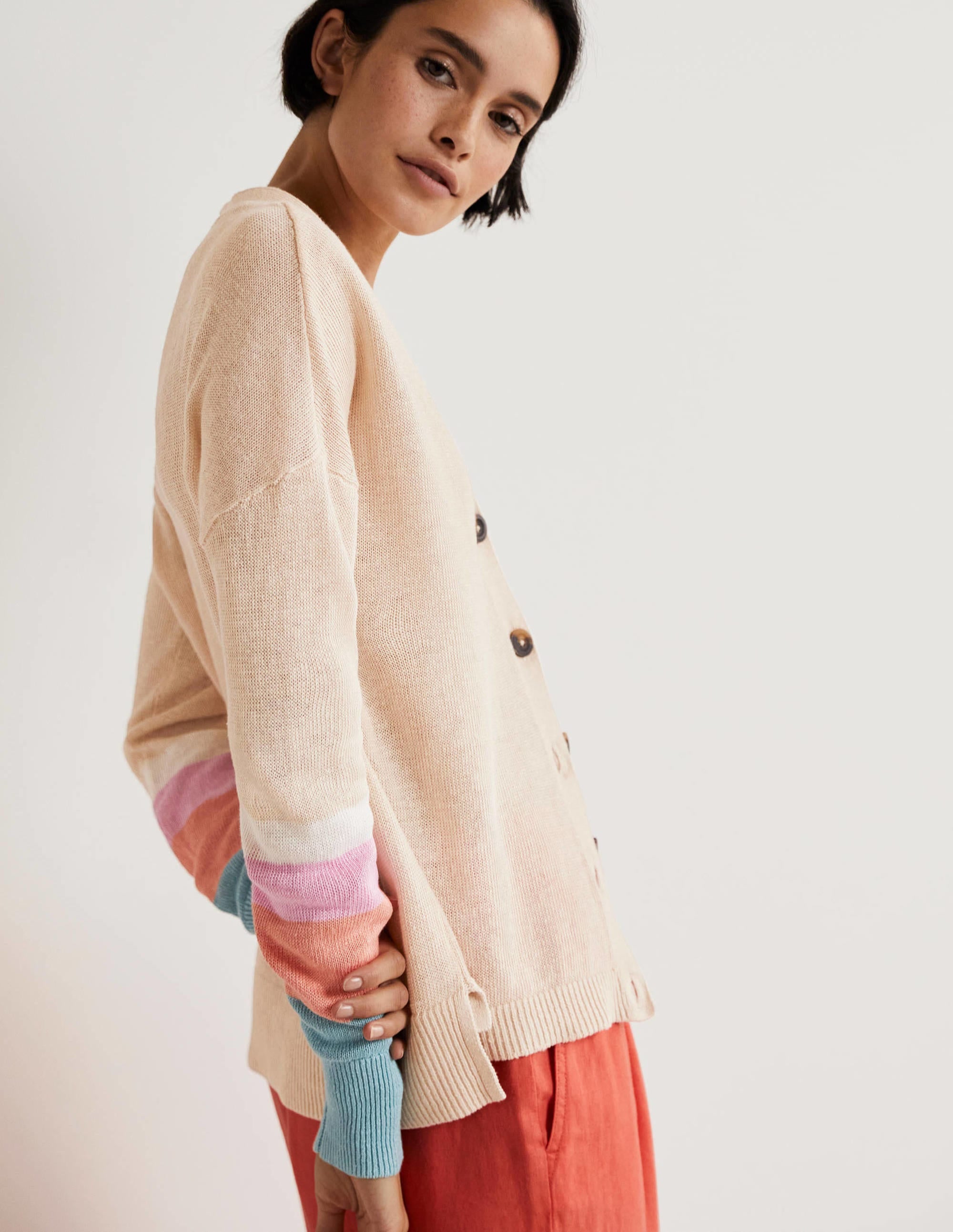 Colourblock Linen Cardigan-Chalky Coral Bon Bon - Image 5