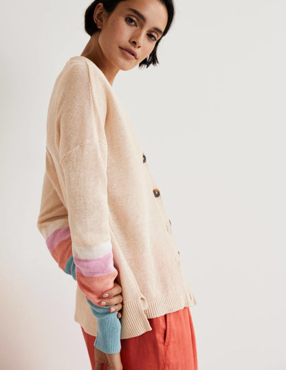 Colourblock Linen Cardigan-Chalky Coral Bon Bon-5