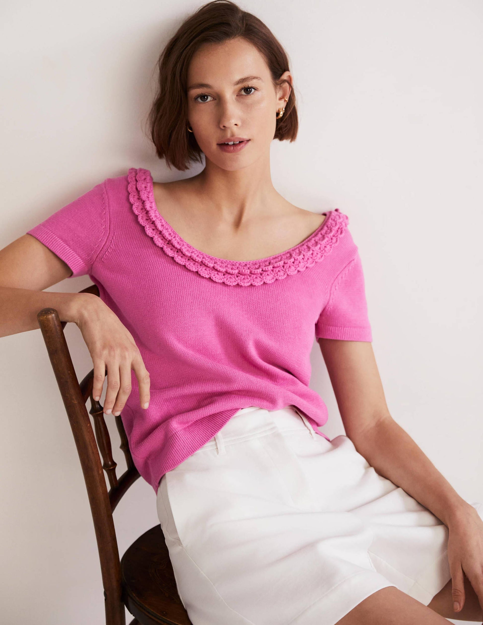 Crochet Scallop Knit T-shirt-Strawberry Daiquiri Pink-1