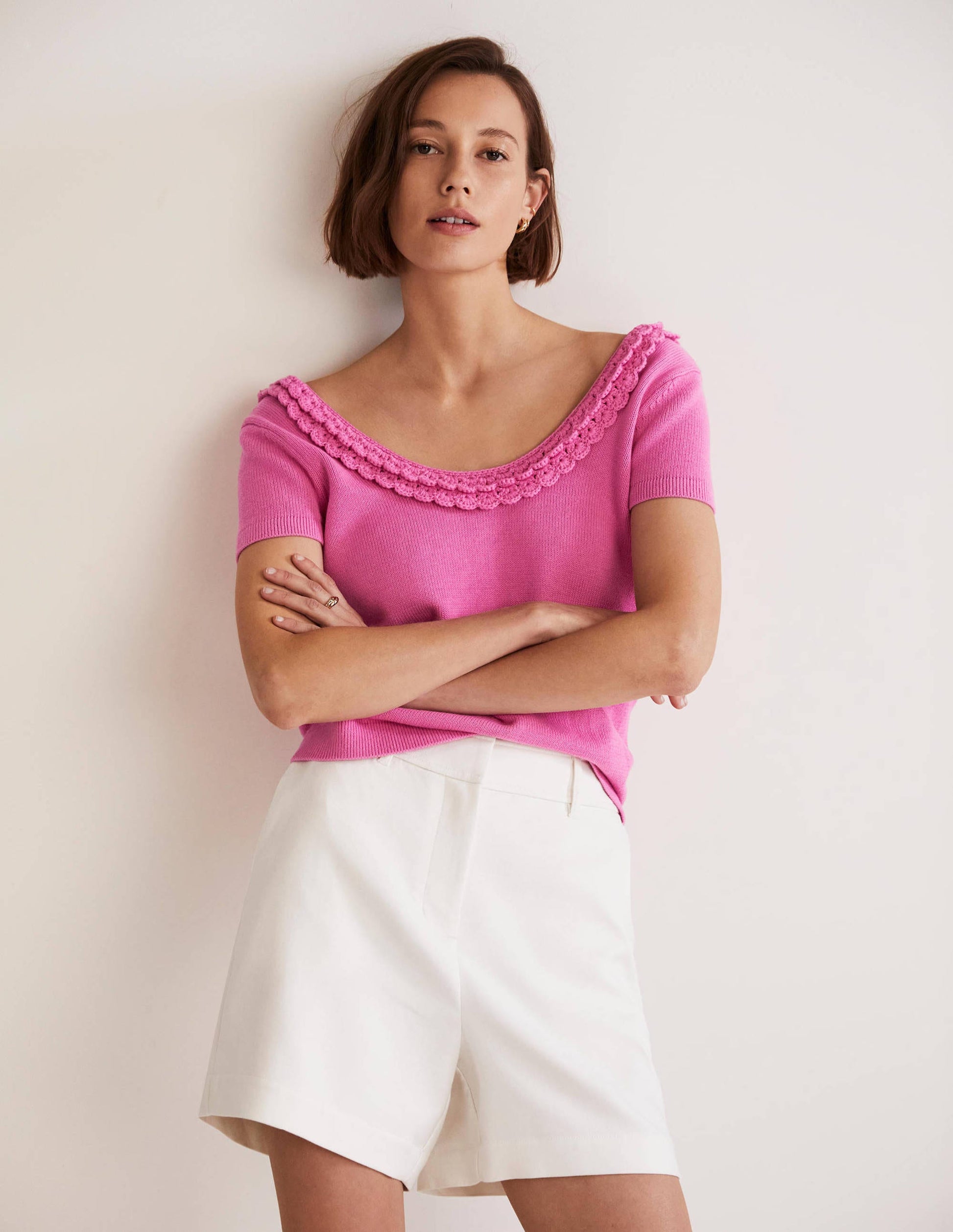Crochet Scallop Knit T-shirt-Strawberry Daiquiri Pink-4