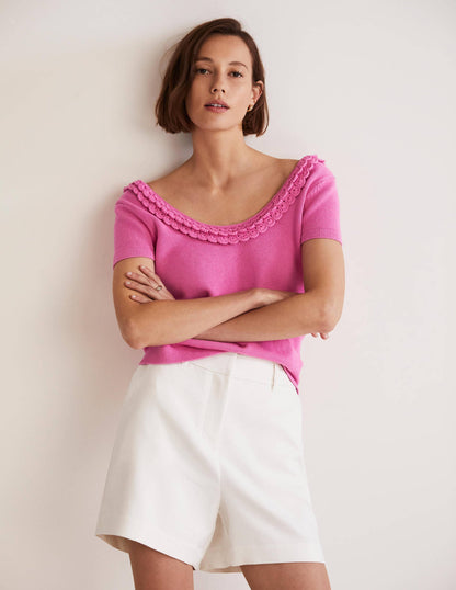Crochet Scallop Knit T-shirt-Strawberry Daiquiri Pink-4