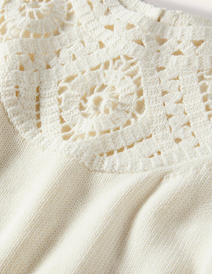 Crochet Detail Knitted T-shirt-Ivory-6