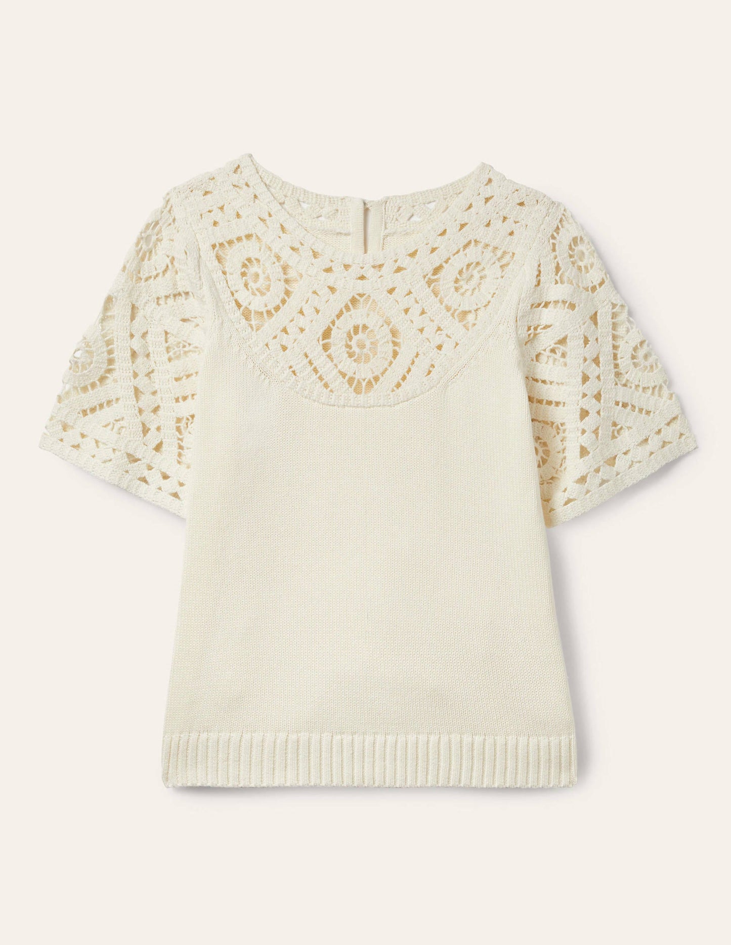 Crochet Detail Knitted T-shirt-Ivory