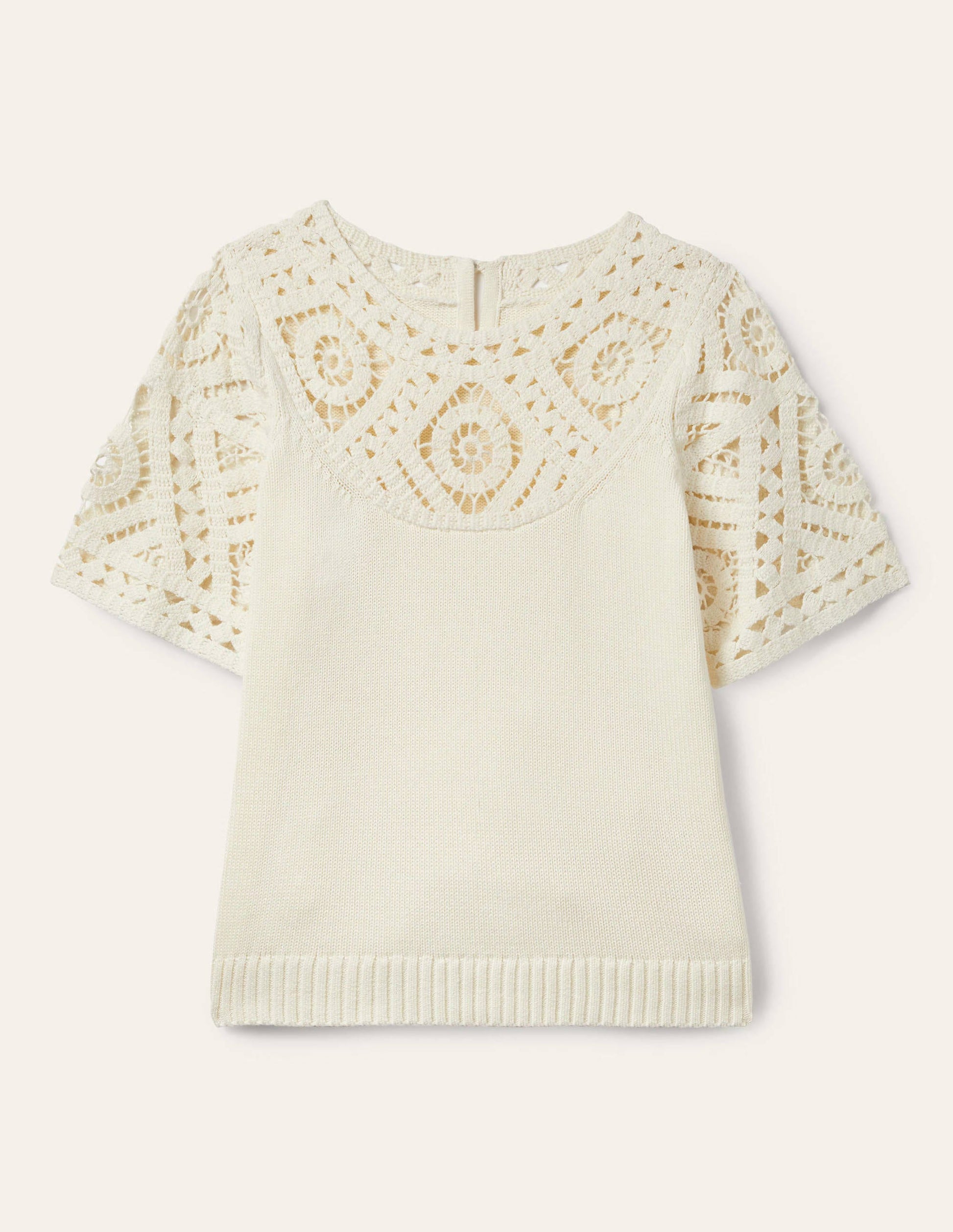 Crochet Detail Knitted T-shirt-Ivory-7