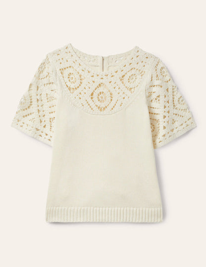 Crochet Detail Knitted T-shirt-Ivory-7