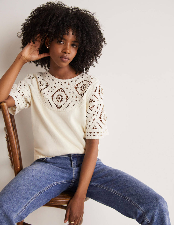 Crochet Detail Knitted T-shirt-Ivory