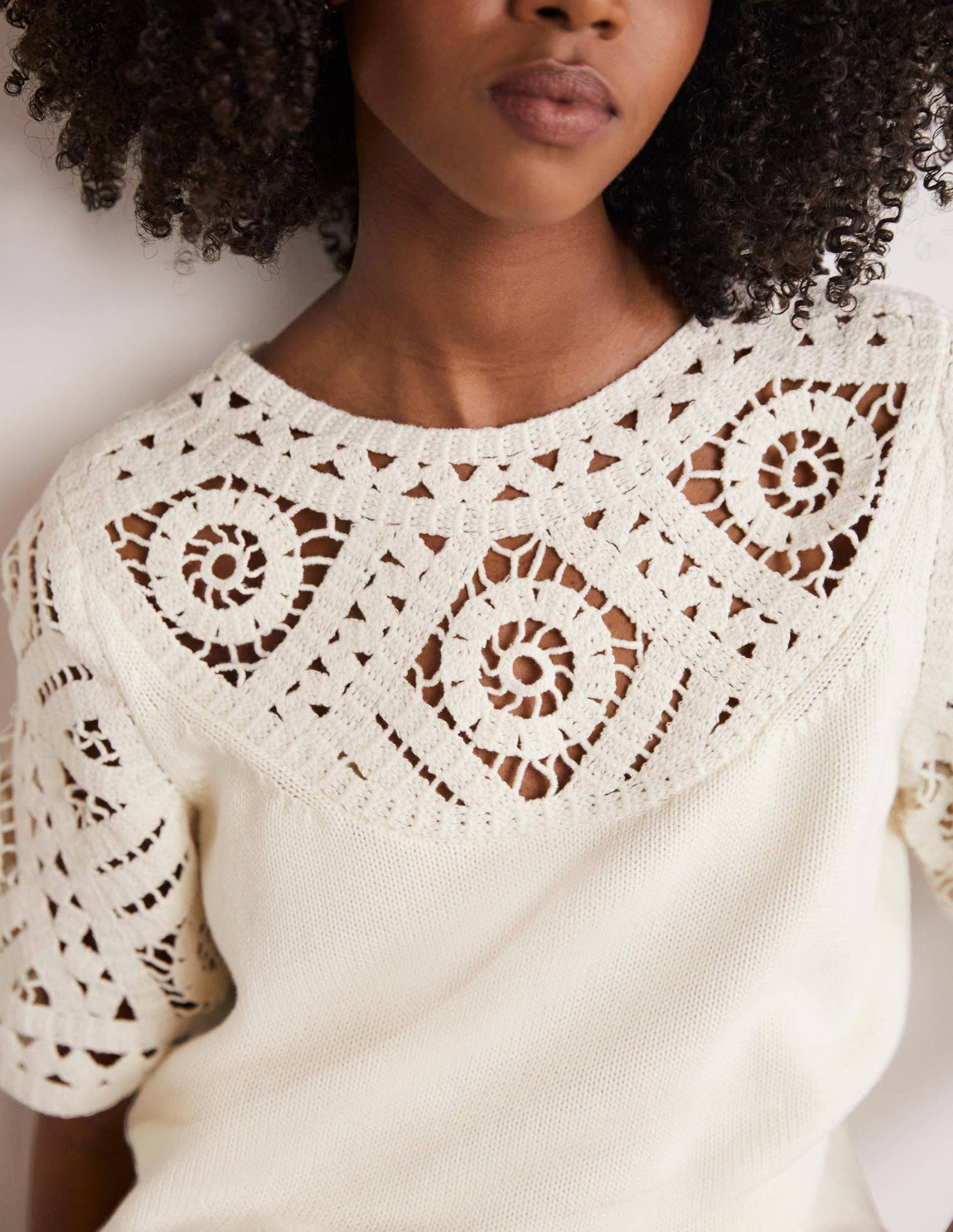 Crochet Detail Knitted T-shirt-Ivory-2