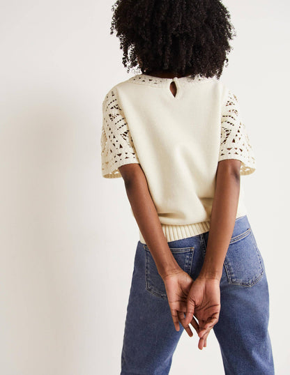 Crochet Detail Knitted T-shirt-Ivory-3