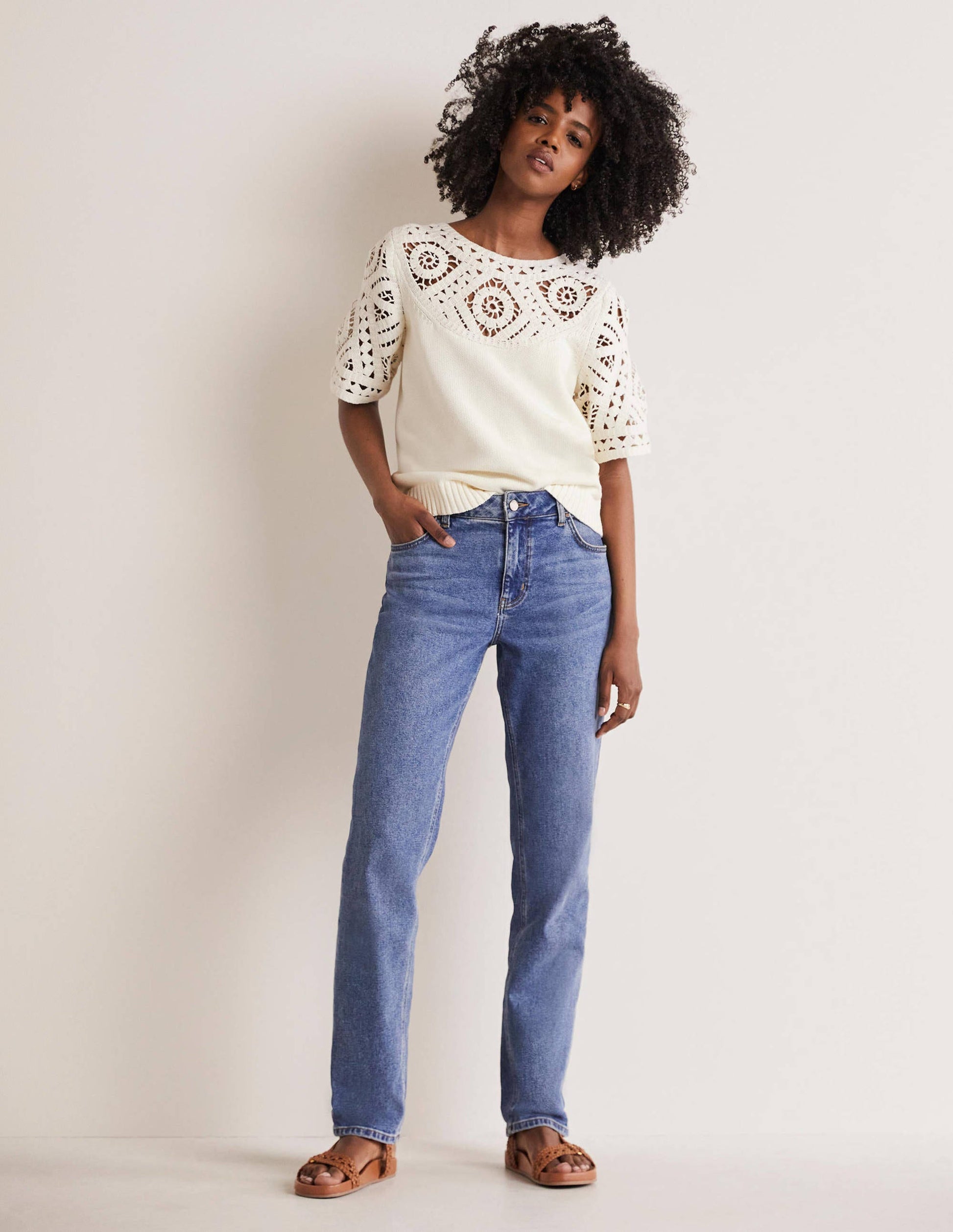 Crochet Detail Knitted T-shirt-Ivory-4