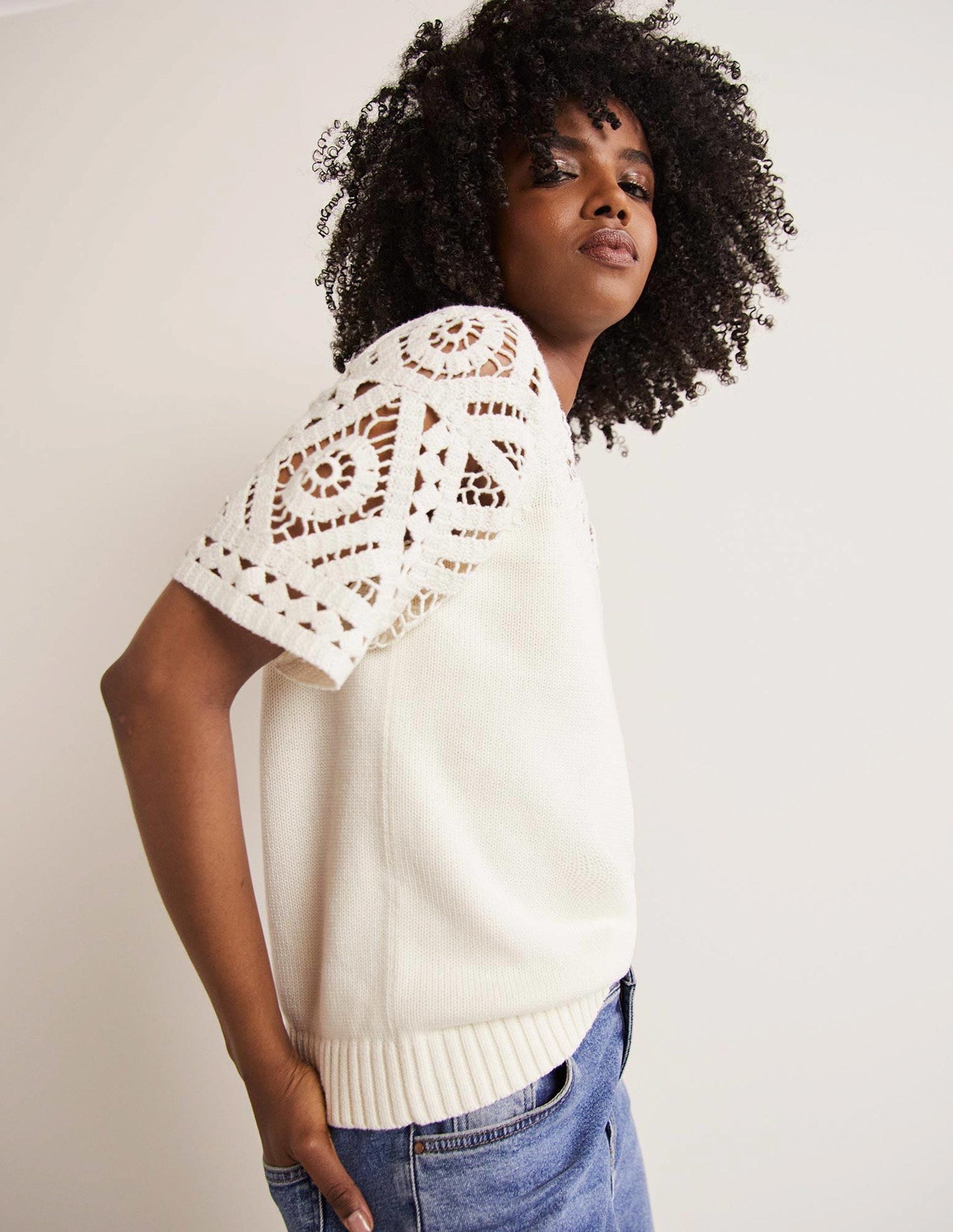 Crochet Detail Knitted T-shirt-Ivory