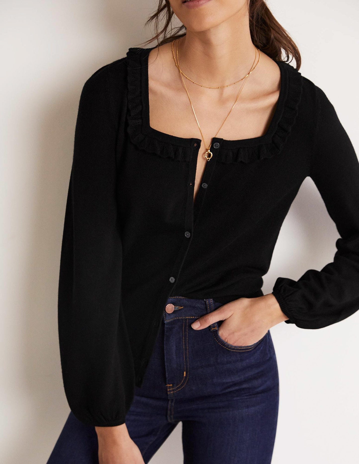 Square Neck Merino Cardigan-Black