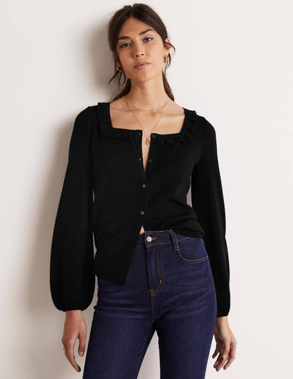 Square Neck Merino Cardigan-Black-1