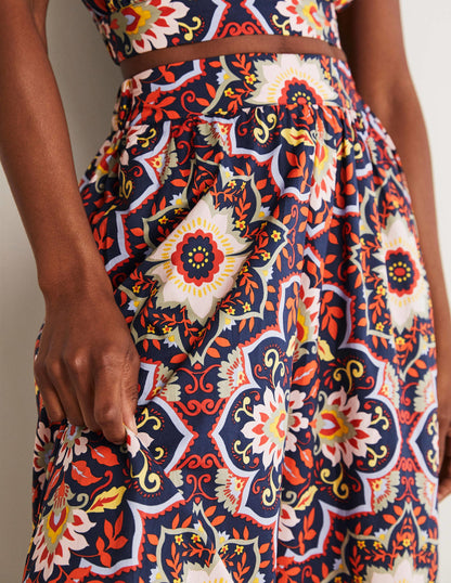 Pull On Cotton Midi Skirt-Navy, Bloomsbury-6