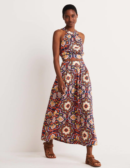 Pull On Cotton Midi Skirt-Navy, Bloomsbury-1