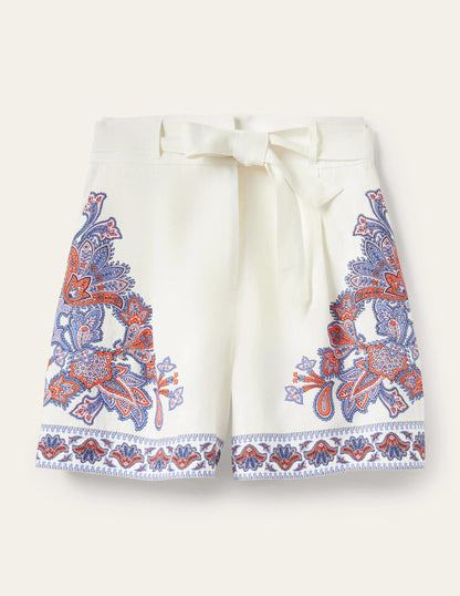 Alma Tie Waist Linen Shorts-Ivory, Paisley Bud